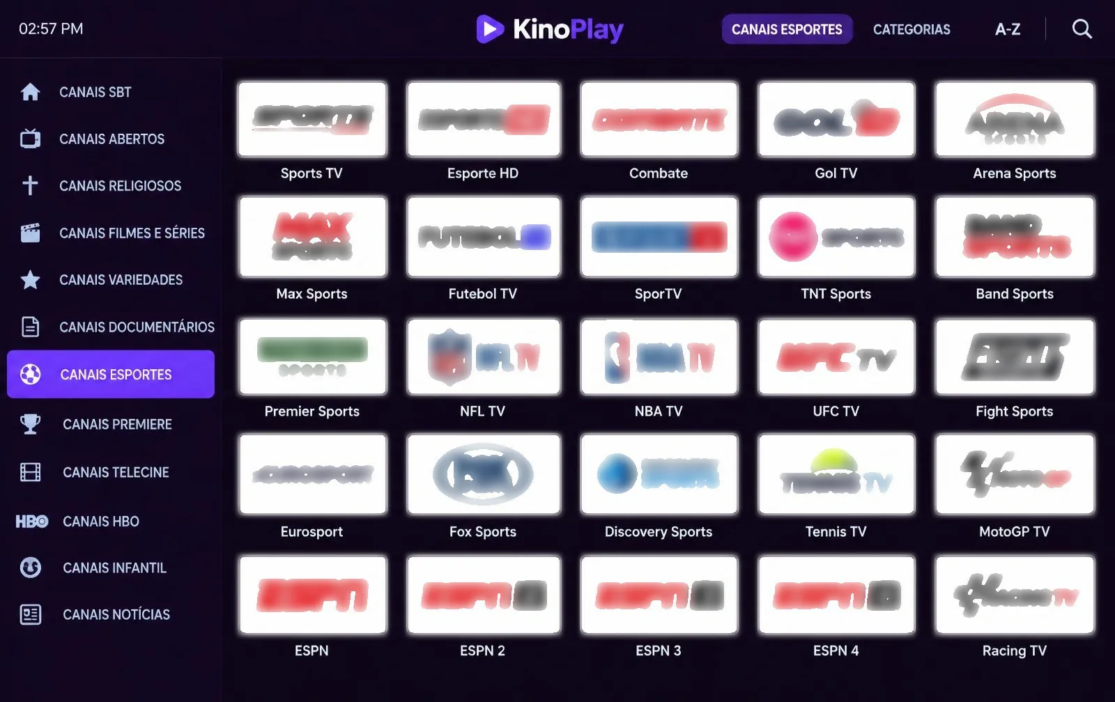 Tela do aplicativo KinoPlay com os canais de esportes ao vivo