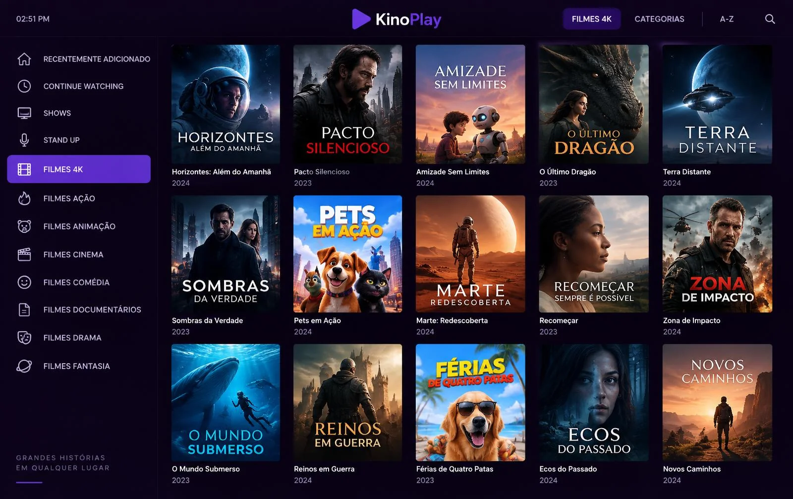 Tela do aplicativo KinoPlay com a grade de filmes e séries em Full HD e 4K
